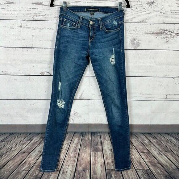 Flying Monkey Jeans Womens 25 Blue Platinum Midrise Dark Distressed Skinny - Picture 1 of 10